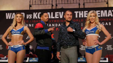 LOS ANGELES, CA - APRIL 12: Andre Ward and Sergey Kovalev pose for photographs at the end of the press conference at the Roosevelt Ballroom on April 12, 2017 in Los Angeles, California. Sergey Kovalev will challenge Andre Ward for the Unified Light Heavyweight World Championship Saturday, June 17, 2017 at the Mandalay Bay Resort in Las Vegas. (Photo by Josh Lefkowitz/Getty Images)