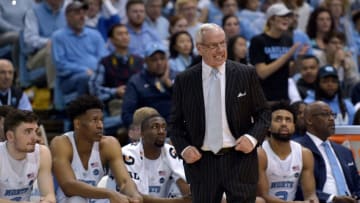 CHAPEL HILL, NC - FEBRUARY 12: Head coach Roy Williams of the North Carolina Tar Heels reacts during the first half of their game against the Notre Dame Fighting Irish at the Dean Smith Center on February 12, 2018 in Chapel Hill, North Carolina. (Photo by Grant Halverson/Getty Images)