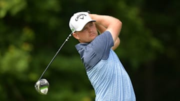 CROMWELL, CONNECTICUT - JUNE 25: Tom Lewis of England plays his shot from the 13th tee during the second round of the Travelers Championship at TPC River Highlands on June 25, 2021 in Cromwell, Connecticut. (Photo by Drew Hallowell/Getty Images)