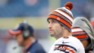 Oct 26, 2014; Foxborough, MA, USA; Chicago Bears quarterback Jay Cutler (6) looks on from the sideline during the fourth quarter against the New England Patriots at Gillette Stadium. The Patriots won 51-23. Mandatory Credit: Greg M. Cooper-USA TODAY Sports