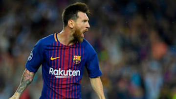 Barcelona's forward from Argentina Lionel Messi celebrates after scoring during the UEFA Champions League Group D football match FC Barcelona vs Juventus at the Camp Nou stadium in Barcelona on September 12, 2017. / AFP PHOTO / LLUIS GENE (Photo credit should read LLUIS GENE/AFP via Getty Images)