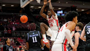 Nov 16, 2022; Columbus, OH, USA; Ohio State Buckeyes center Felix Okpara (34) dunks over Eastern Illinois Panthers center Nick Ellington (11) during the second half of the NCAA men's basketball game at Value City Arena. Ohio State won 65-43. Mandatory Credit: Adam Cairns-The Columbus DispatchBasketball Eastern Illinois At Ohio State