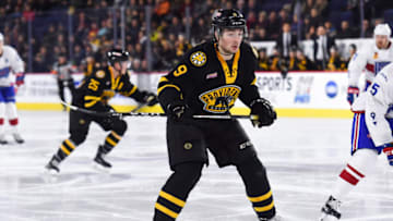 LAVAL, QC - MARCH 07: Look on Providence Bruins right wing Zach Senyshyn (9) during the Providence Bruins versus the Laval Rocket game on March 07, 2018, at Place Bell in Montreal, QC (Photo by David Kirouac/Icon Sportswire via Getty Images)