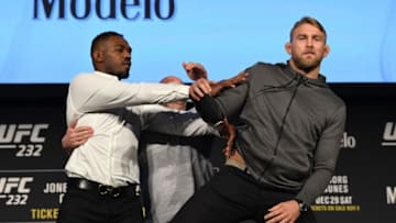 NEW YORK, NEW YORK - NOVEMBER 02: (L-R) Jon Jones pushes Alexander Gustafsson of Sweden during the UFC 232 press conference inside Hulu Theater at Madison Square Garden on November 2, 2018 in New York, New York. (Photo by Jeff Bottari/Zuffa LLC/Zuffa LLC via Getty Images)
