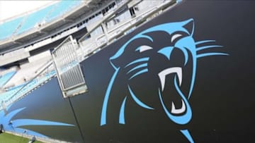 Aug 9, 2013; Charlotte, NC, USA; Carolina Panthers team logo on the sideline before the game against the Chicago Bears at Bank of America Stadium. Mandatory Credit: Sam Sharpe-USA TODAY Sports