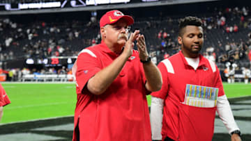 Nov 14, 2021; Paradise, Nevada, USA; Kansas City Chiefs head coach Andy Reid celebrates the victory against the Las Vegas Raiders at Allegiant Stadium. Mandatory Credit: Gary A. Vasquez-USA TODAY Sports