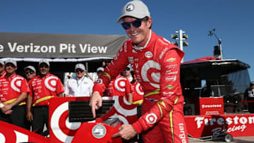 Scott Dixon poses with his Verizon P1 Award sticker after winning the pole for the 2016 Grand Prix at the Glen. Photo Credit: Chris Jones/Courtesy of IndyCar
