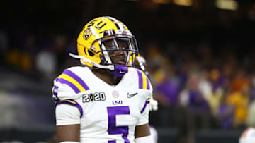 Jan 13, 2020; New Orleans, Louisiana, USA; LSU Tigers cornerback Kary Vincent Jr. (5) against the Clemson Tigers in the College Football Playoff national championship game at Mercedes-Benz Superdome. Mandatory Credit: Mark J. Rebilas-USA TODAY Sports
