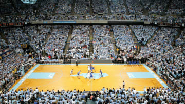 CHAPEL HILL, NC - MARCH 6: A general view of the Duke Blue Devils versus the North Carolina Tar Heels during tip off on March 6, 2005 at the Dean E. Smith Center in Chapel Hill, North Carolina. The Tar Heels defeated the Blue Devils 75-73. (Photo by Streeter Lecka/Getty Images)