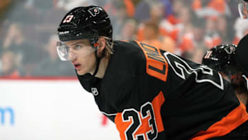 PHILADELPHIA, PA - OCTOBER 13: Oskar Lindblom #23 of the Philadelphia Flyers looks on against the Vegas Golden Knights on October 13, 2018 at the Wells Fargo Center in Philadelphia, Pennsylvania. (Photo by Len Redkoles/NHLI via Getty Images)