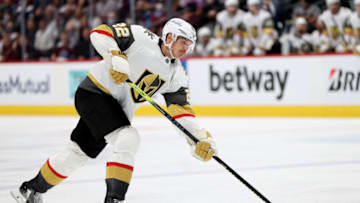 DENVER, COLORADO - JUNE 02: Nick Holden #22 of the Vegas Golden Knights fires a shot against the Colorado Avalanche during the third period in Game Two of the Second Round of the 2021 Stanley Cup Playoffs at Ball Arena on June 2, 2021 in Denver, Colorado. (Photo by Matthew Stockman/Getty Images)