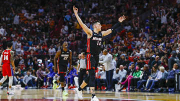 Miami Heat guard Tyler Herro (14) reacts during the fourth quarter against the Philadelphia 76ers(Sam Navarro-USA TODAY Sports)