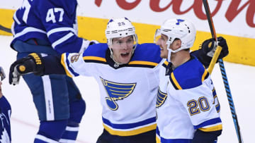 TORONTO, ON - JANUARY 16: St. Louis Blues Center Paul Stastny (26) celebrates the tying goal with Winger Alexander Steen (20) during the regular season NHL game between the St Louis Blues and Toronto Maple Leafs on January 16, 2018 at Air Canada Centre in Toronto, ON. (Photo by Gerry Angus/Icon Sportswire via Getty Images)