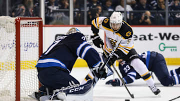 17 Oct 2016 Bruins Ryan Spooner (51) skates with the puck during the Winnipeg Jets vs Boston Bruins game at the MTS Centre in Winnipeg MB. (Photo by Terry Lee/Icon Sportswire via Getty Images)