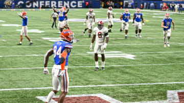 Dec 19, 2020; Atlanta, Georgia, USA; Florida Gators tight end Kyle Pitts (84) celebrates after a touchdown against the Alabama Crimson Tide at Mercedes-Benz Stadium. Mandatory Credit: Adam Hagy-USA TODAY Sports