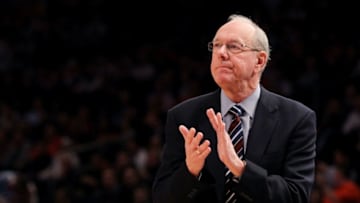 NEW YORK, NY - MARCH 08: Head coach Jim Boeheim of the Syracuse Orange reacts on the sidelines against the Connecticut Huskies during the quarterfinals of the Big East Men's Basketball Tournament at Madison Square Garden on March 8, 2012 in New York City. (Photo by Jim McIsaac/Getty Images)