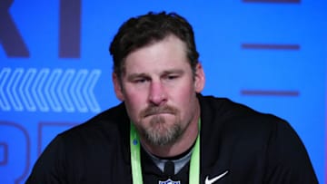 Mar 1, 2022; Indianapolis, IN, USA; Detroit Lions coach Dan Campbell during the NFL Combine at the Indiana Convention Center. Mandatory Credit: Kirby Lee-USA TODAY Sports
