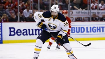 Mar 28, 2016; Detroit, MI, USA; Buffalo Sabres left wing Matt Moulson (26) skates with the puck in the third period against the Detroit Red Wings at Joe Louis Arena. Detroit won 3-2. Mandatory Credit: Rick Osentoski-USA TODAY Sports