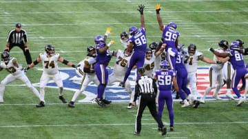 LONDON, ENGLAND - OCTOBER 02: Wil Lutz #3 of the New Orleans Saints misses a 61 yard field goal in the fourth quarter during the NFL match between Minnesota Vikings and New Orleans Saints at Tottenham Hotspur Stadium on October 02, 2022 in London, England. (Photo by Justin Setterfield/Getty Images)