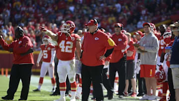 Oct 25, 2015; Kansas City, MO, USA; Kansas City Chiefs head coach Andy Reid on the sidelines against the Pittsburgh Steelers in the first half at Arrowhead Stadium. Mandatory Credit: John Rieger-USA TODAY Sports