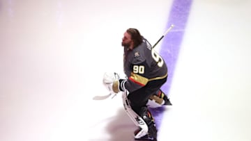 Robin Lehner #90 of the Vegas Golden Knights looks on prior to Game Two of the Western Conference Final against the Dallas Stars. (Photo by Bruce Bennett/Getty Images)