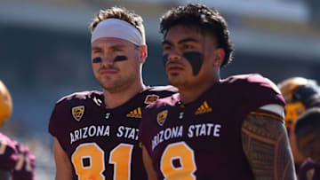 TEMPE, AZ - NOVEMBER 10: Tight end Jared Bubak #81 and linebacker Merlin Robertson #8 of the Arizona State Sun Devils prepare for the game against the UCLA Bruins at Sun Devil Stadium on November 10, 2018 in Tempe, Arizona. (Photo by Jennifer Stewart/Getty Images)