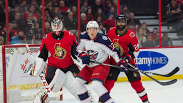 OTTAWA, ON - DECEMBER 29: Columbus Blue Jackets Right Wing Markus Hannikainen (37) battles for position in front of the net between Ottawa Senators Goalie Mike Condon (1) and Ottawa Senators Defenceman Johnny Oduya (29) during the second period of the NHL game between the Ottawa Senators and the Columbus Blue Jackets on Dec. 29, 2017 at the Canadian Tire Centre in Ottawa, Ontario, Canada. (Photo by Steven Kingsman/Icon Sportswire via Getty Images)