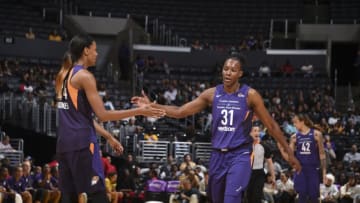 LOS ANGELES, CA - MAY 27: DeWanna Bonner #24 and Sancho Lyttle #31 of the Phoenix Mercury reacts during game against the Los Angeles Sparks on May 27, 2018 at STAPLES Center in Los Angeles, California. NOTE TO USER: User expressly acknowledges and agrees that, by downloading and or using this photograph, User is consenting to the terms and conditions of the Getty Images License Agreement. Mandatory Copyright Notice: Copyright 2018 NBAE (Photo by Adam Pantozzi/NBAE via Getty Images)