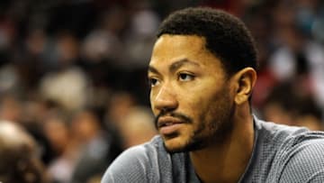 Feb 8, 2016; Charlotte, NC, USA; Chicago Bulls guard Derrick Rose (1) sits on the bench during the second half of the game against the Charlotte Hornets at Time Warner Cable Arena. Hornets win 108-91. Mandatory Credit: Sam Sharpe-USA TODAY Sports