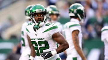 EAST RUTHERFORD, NEW JERSEY - OCTOBER 13: Jamison Crowder #82 of the New York Jets looks on against the Dallas Cowboys at MetLife Stadium on October 13, 2019 in East Rutherford, New Jersey. (Photo by Emilee Chinn/Getty Images)