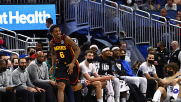 Feb 16, 2022; Orlando, Florida, USA; Atlanta Hawks guard Lou Williams (6) smiles as he makes a three point basket against the Orlando Magic during the second half at Amway Center. Mandatory Credit: Kim Klement-USA TODAY Sports