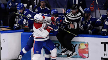 Jul 7, 2021; Tampa, Florida, USA; Montreal Canadiens defenseman Ben Chiarot (8) checks Tampa Bay Lightning center Blake Coleman (20) during the second period in game five of the 2021 Stanley Cup Final at Amalie Arena. Mandatory Credit: Douglas DeFelice-USA TODAY Sports
