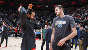SALT LAKE CITY, UT - MARCH 2: Ricky Rubio #3 of the Utah Jazz and Nemanja Bjelica #8 of the Minnesota Timberwolves talk before the game on March 2, 2018 at vivint.SmartHome Arena in Salt Lake City, Utah. Copyright 2018 NBAE (Photo by Melissa Majchrzak/NBAE via Getty Images)