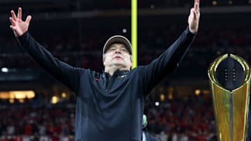 Head coach Kirby Smart of the Georgia Bulldogs celebrates after the Georgia Bulldogs defeated the Alabama Crimson Tide 33-18 in the 2022 CFP National Championship Game at Lucas Oil Stadium on January 10, 2022 in Indianapolis, Indiana. (Photo by Kevin C. Cox/Getty Images)
