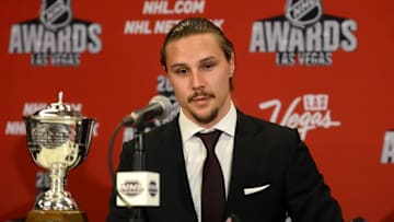Jun 24, 2015; Las Vegas, NV, USA; Erik Karlsson talks to media after winning the James Norris Memorial Trophy during the 2015 NHL Awards at MGM Grand. Mandatory Credit: Jake Roth-USA TODAY Sports