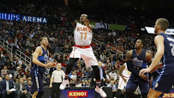 Feb 1, 2016; Atlanta, GA, USA; Atlanta Hawks guard Dennis Schroder (17) shoots the ball against the Dallas Mavericks in the fourth quarter at Philips Arena. The Hawks won 112-97. Mandatory Credit: Brett Davis-USA TODAY Sports