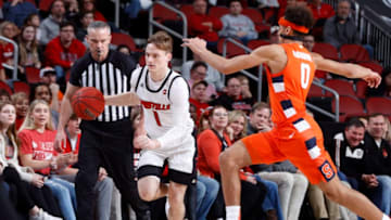 LOUISVILLE, KY - FEBRUARY 19: Keith Oddo #1 of the Louisville Cardinals dribbles the ball up court during a game against the Syracuse Orange at KFC YUM! Center on February 19, 2020 in Louisville, Kentucky. Louisville defeated Syracuse 90-66. (Photo by Joe Robbins/Getty Images)