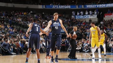 DALLAS, TX - JANUARY 13: Dirk Nowitzki #41 of the Dallas Mavericks gets introduced before the game against the Los Angeles Lakers on January 13, 2018 at the American Airlines Center in Dallas, Texas. NOTE TO USER: User expressly acknowledges and agrees that, by downloading and or using this photograph, User is consenting to the terms and conditions of the Getty Images License Agreement. Mandatory Copyright Notice: Copyright 2018 NBAE (Photo by Danny Bollinger/NBAE via Getty Images)
