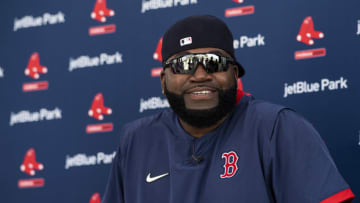 FT. MYERS, FL - FEBRUARY 20: Former designated hitter David Ortiz of the Boston Red Sox speaks to the media during a press conference during a team workout on February 20, 2020 at jetBlue Park at Fenway South in Fort Myers, Florida. (Photo by Billie Weiss/Boston Red Sox/Getty Images)