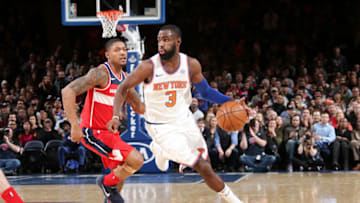 NEW YORK, NY - FEBRUARY 14: Tim Hardaway Jr. #3 of the New York Knicks handles the ball against the Washington Wizards on February 14, 2018 at Madison Square Garden in New York, NY. Copyright 2018 NBAE (Photo by Ned Dishman/NBAE via Getty Images)