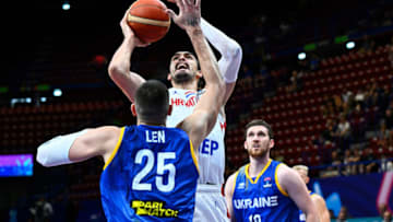 MILAN, ITALY - SEPTEMBER 08: Dario Saric of Croatia in action during the FIBA EuroBasket 2022 group C match between Croatia and Ukraine at Forum di Assago on September 08, 2022 in Milan, Italy. (Photo by Mattia Ozbot/Getty Images)