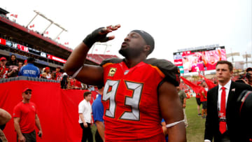 TAMPA, FL - NOVEMBER 12: Defensive tackle Gerald McCoy #93 of the Tampa Bay Buccaneers blows a kiss to the crowd following the Buccaneers' 15-10 win over the New York Jets at an NFL football game on November 12, 2017 at Raymond James Stadium in Tampa, Florida. (Photo by Brian Blanco/Getty Images)