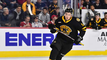 LAVAL, QC - OCTOBER 16: Zachary Senyshyn #9 of the Providence Bruins skates against the Laval Rocket at Place Bell on October 16, 2019 in Laval, Canada. The Laval Rocket defeated the Providence Bruins 5-4 in a shoot-out. (Photo by Minas Panagiotakis/Getty Images)