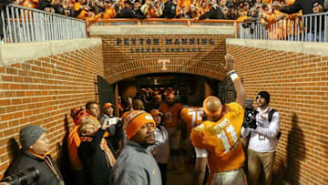 Nov 19, 2016; Knoxville, TN, USA; Tennessee Volunteers quarterback Joshua Dobbs (11) after the game against the Missouri Tigers at Neyland Stadium. Tennessee won 63 to 37. Mandatory Credit: Randy Sartin-USA TODAY Sports Vols