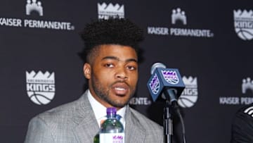 SACRAMENTO, CA - JUNE 24: The Sacramento Kings 2017 Draft Pick Frank Mason III addresses the media on June 24, 2017 at the Golden 1 Center in Sacramento, California. NOTE TO USER: User expressly acknowledges and agrees that, by downloading and/or using this Photograph, user is consenting to the terms and conditions of the Getty Images License Agreement. Mandatory Copyright Notice: Copyright 2017 NBAE (Photo by Rocky Widner/NBAE via Getty Images)