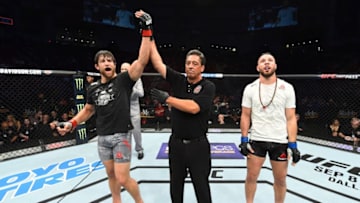 LINCOLN, NE - AUGUST 25: Andrew Sanchez celebrates after his decision victory over Markus Perez of Brazil in their middleweight fight during the UFC Fight Night event at Pinnacle Bank Arena on August 25, 2018 in Lincoln, Nebraska. (Photo by Josh Hedges/Zuffa LLC/Zuffa LLC via Getty Images)