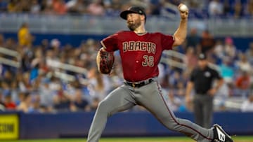 Arizona Diamondbacks pitcher Robbie Ray (38) throws a pitch in the second inning against the Miami Marlins on Sunday, July 28, 2019 at Marlins Park in Miami, Fla. (Charlie Ortega Guifarro/Miami Herald/TNS via Getty Images)