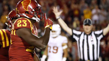 AMES, IA - SEPTEMBER 28: Wide receiver Matthew Eaton #23 of the Iowa State Cyclones celebrates after scoring a touchdown in the second half of play against the Texas Longhorns at Jack Trice Stadium on September 28, 2017 in Ames, Iowa. The Texas Longhorns won 17-7 over the Iowa State Cyclones. (Photo by David Purdy/Getty Images)