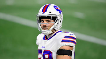 FOXBOROUGH, MASSACHUSETTS - DECEMBER 28: Matt Milano #58 of the Buffalo Bills looks on during warmups before the game against the New England Patriots at Gillette Stadium on December 28, 2020 in Foxborough, Massachusetts. (Photo by Billie Weiss/Getty Images)