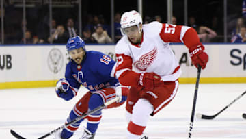 NEW YORK, NEW YORK - NOVEMBER 06: David Perron #57 of the Detroit Red Wings skates against the New York Rangers at Madison Square Garden on November 06, 2022 in New York City. (Photo by Bruce Bennett/Getty Images)